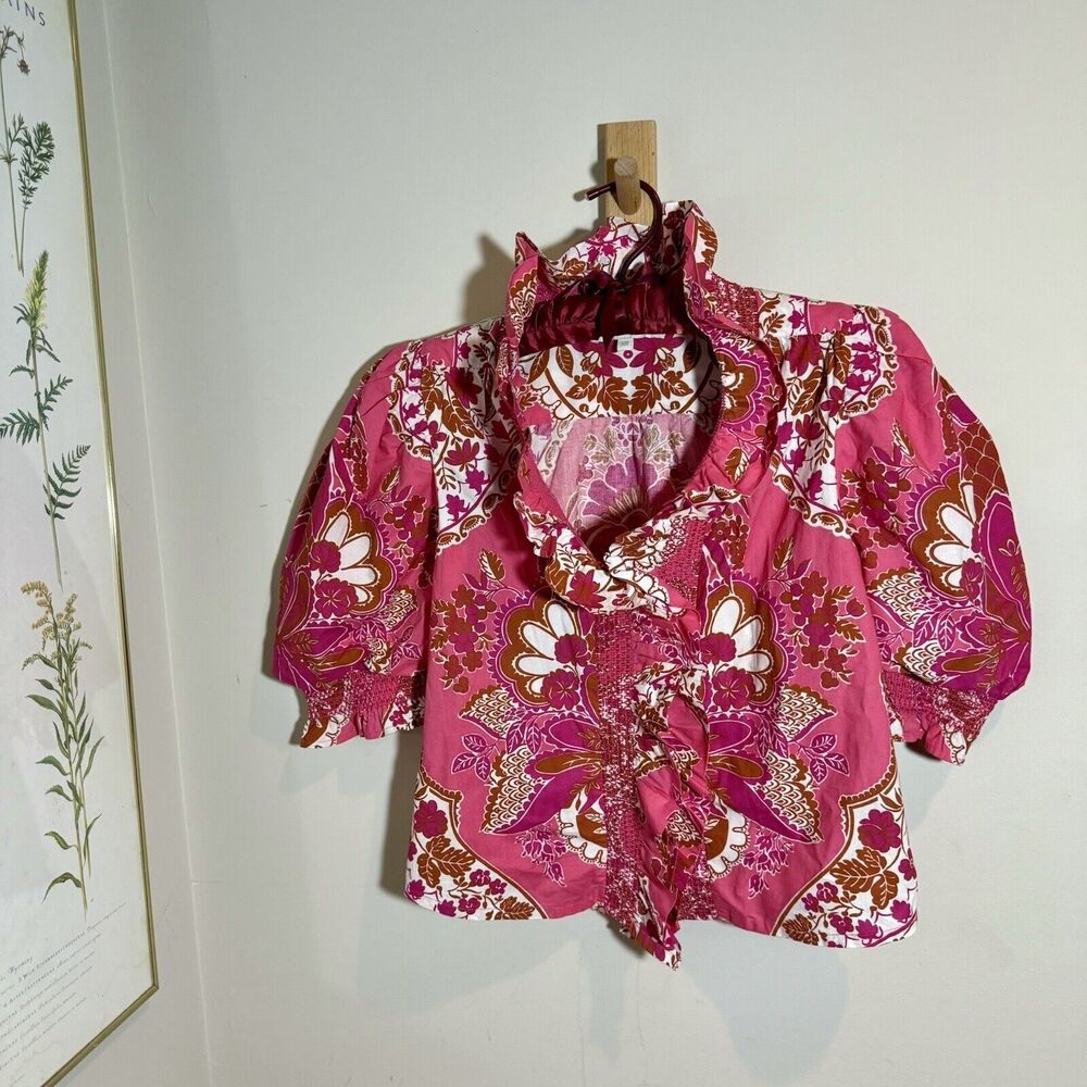 Love the Label Anthropologie Pink Zuri Floral Ruffle Cotton Blouse Womens XS